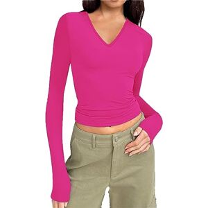 Tunic Tops For Women Uk 240205 Tpa71 Y2K Shirt for Women UK,Long Sleeve Top,Slim Fit Top,Tshirts,Skims Dupe Top,Y2K Crop Top,V Neck Tee Tops,T-Shirts,T Shirts,Basics Clothing Hot Pink Size 10