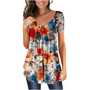 Women's Printed Button T-Shirt Summer Short Sleeve Tops V-Neck Vintage Floral Tee Shirt Mid-Length Graphic Tunic Tops Casual Loose Shirt Elegant Pleated Blouses Red