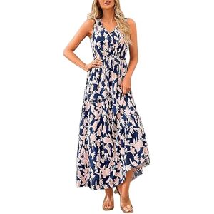 TUDUZ Women's V Neck Elastic Waist Printed Dress Plus Size Dresses for Fall (Navy, L)