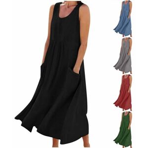 Womens Dresses 0413a44 FunAloe Shirt Dresses for Women UK Women Summer Dresses Cotton Linen Dress Plus Size Sleeveless Baggy Sundress Oversized Casual Plain Midi Dresses with Pockets Sales Clearance