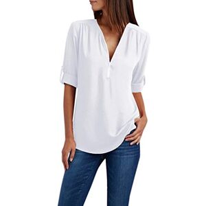 HAOLEI Chiffon Tops for Women UK Plus Size 22 Zipper V Neck Shirts Half Sleeve Longline T Shirt Long Length 2023 Summer Blouse Top Loose Fit Solid Color Tunic Tops Ladies White