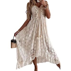 CUPSHE Women Maxi Dress V-Neck Tassel Ruching Dress for Women Sleeveless Lace Up Smocking Ruffle Beige XS