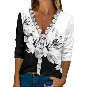 KUIH 3/4 Sleeve Shirts for Women Flower Print Casual Loose Lightweight Tops Lace V Neck Blouse Elegant Party Pullover Tunic T-Shirt Sweatshirts Summer Spring Blouses for Ladies UK Plus Size Black