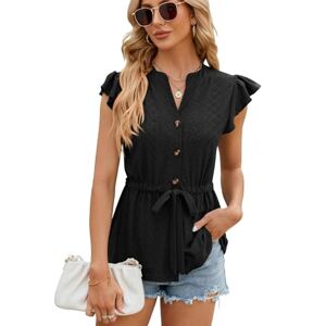 BAODANWUXIAN Short Sleeves Women Shirts V Neck Lace Up Short Sleeved Casual Loose Button Tops Wear-Black-L