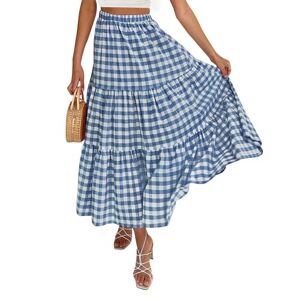 Nokiwiqis Women Summer Boho Maxi Skirt Plaid Elastic High Waist Pleated A-Line Long Skirt Elegant Ruffle Flowy Swing Beach Skirts (Dark Blue, S)