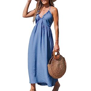 CUPSHE Women's Maxi Summer Dress Halter Neck Ruffle Plunge V Neck Sleeveless Backless A-Line Casual Party Long Dress Blue L