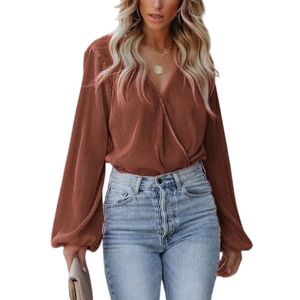 CUPSHE Women Shirt Peasant Sleeve Velvet Tops Casual Loose Fit V Neck Solid Ruched Blouse Brown M