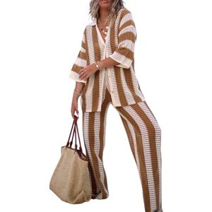 Betrodi Women 2 Piece Crochet Pants Outfits Cover Up Set Button Down Shirt Wide Leg Pants Hollow Out Vacation Beach Set(Khaki Striped,S)