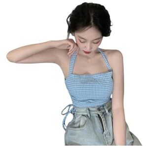 JINGBDO Strapless Crop Top Women'S Sleeveless Plaid Tank Tops Summer Halter Crop Top Backless Basic Tank Tops-L-One Size