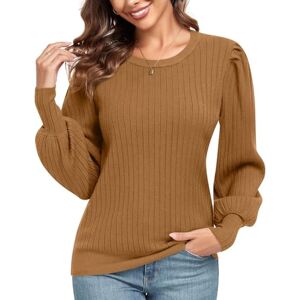 Anyhold Women's Puff Long Sleeve Jumpers Lightweight Crew Neck Pullover Sweater Loose Casual Top Shirts Medium, Light Caramel