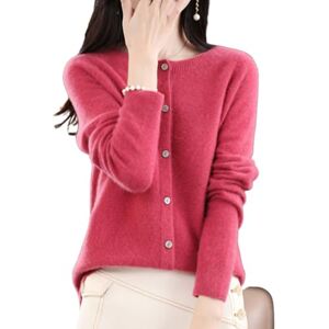 TeysHa Women's Cashmere Cardigan Sweater,Wool Crew Neck Button Down Long Sleeve Cardigan Sweater,Soft Warm Knit Elastic Jumpers (Raspberry red,Large)