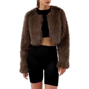 Amazhiyu Womens Faux Fur Coat, Winter Long Sleeve Jacket Crew Neck Open Front Outwear Plush Warm Cardigan Brown L