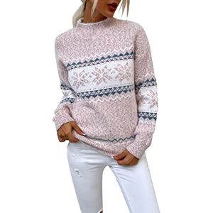 LOIJMK Women's Christmas Snowflake Pullover, Turtleneck, Vintage Holiday Knitted Jumper, Large Safety Pin for Cardigan, pink, M