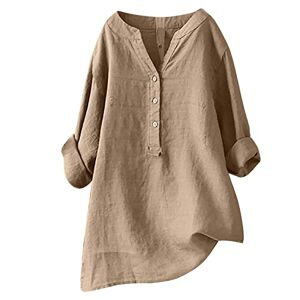 Amhomely Sale Clearance Summer Tops for Women UK Plus Size Long Sleeve Tunic Tops V-Neck Button Longline Tops Cotton Linen Tee Shirt Blouse Work Office Casual Blouse Going Out Elegant Tops Holiday Clothings Khaki 5XL