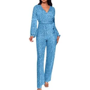 Generic Sequined Jumpsuit For Women Uk Formol Elegant V Neck Long Sleeve High-Waist Slim Fit Tunic Bodysuit Romper Playsuit Straight Leg Jumpsuit Belt Baggy Dungarees Clubwear For Party Club (11-Sky Blue, L)