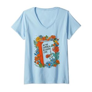 Summer Reading Teacher Librarian By Geek Updated Womens In My Summer Reading Era Floral Adventure Library Book Club V-Neck T-Shirt