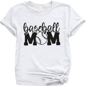 Amazon Deals Of The Day Today Angxiwan Going Out Tops for Women UK Women's Casual Short Sleeved Round Neck Baseball Mom Letter Printed Top T Shirt Fashion Tops for Women UK Tracksuit Tops for Women UK White