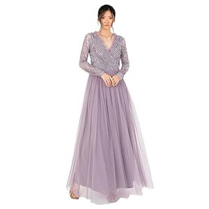Maya Deluxe Women's Maxi Dress Ladies Embellished Wrap Tulle Frilly V-Neck Long Sleeve for Wedding Guest Bridesmaid Prom Ball Gown, Moody Lilac, 6