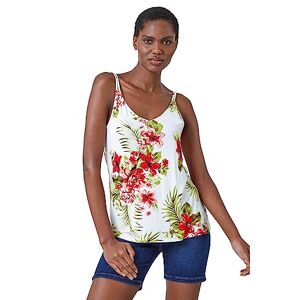 Roman Originals Tropical Print Strap Detail Cami Top for Women UK - Ladies Everyday Holiday Spring Summer V Neckline Comfy Soft Evening Vacation Work Party - Ivory - Size 8