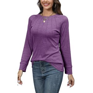 SUPERSUN Ladies Summer Casual Modest Tops Raglan Long Sleeve T Shirts for Women Loose Crewneck Solid Tshirt Texture Pleated Tunic Purple Size XL UK 18 20 L