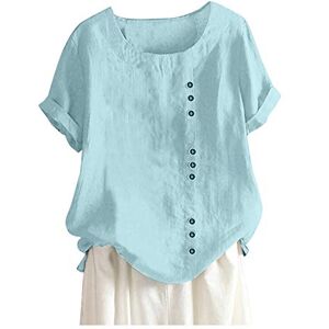 Briskorry Linen Blouses for Women Large Sizes Plain Flower Short Sleeve Round Neck Elegant Linen Look Blouse Tunic Tops Long T-Shirt Beach Wear Jumper Blouse