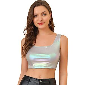 Allegra K Women's Crop Top, Vest Tank Top, U Neck Sleeveless, Party Clubwear, Shiny Metallic Silver Gray 12