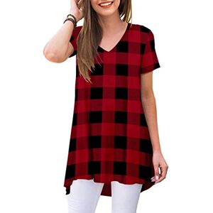 POPYOUNG Women's Summer Casual Short Sleeve Tunic Tops to Wear with Leggings V-Neck T-Shirt Loose Blouse L, Red Plaid