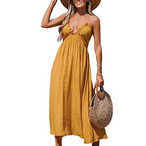 CUPSHE Women's Maxi Summer Dress Halter Neck Ruffle Plunge V Neck Sleeveless Backless A-Line Casual Party Long Dress Yellow L