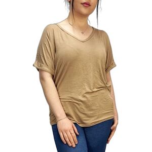 Luxe DIVA Women's New Plus Size Womens Short Turn Up Sleeve Baggy Plain Top Ladies V-Neck T-Shirt 8-26 Camel