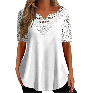 HAOLEI Lace T Shirts for Women UK,Vintage Lace Trim Ladies Blouses & Shirts Clearance V-Neck Short Sleeve Summer Tops T-Shirt Tshirts Trendy Long Length Flounce Tunic Tops for Leggings White