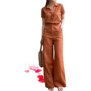 YHTRFD Lapel Cotton Linen Side Pocket Wide Leg Pants Set, Women's Summer Short Sleeve Trouser Suit Sleeved Trouser Party 2 Piece Outfits (XL-,Brown)