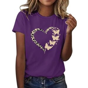 Clodeeu Women's Heart Print Tops Short Sleeve Crewneck Blouse Summer Casual T Shirts Tunic for Vacation Travel Daily Purple