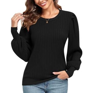 Anyhold Women's Puff Long Sleeve Jumpers Lightweight Crew Neck Pullover Sweater Loose Casual Top Shirts 2X-Large, Black