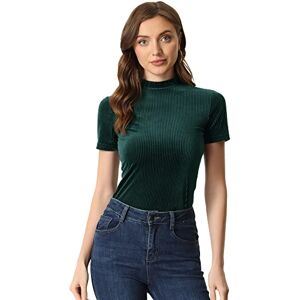 Allegra K Women's Velvet Winter Blouse Round Neck Short Sleeves Slim Fit Casual Top Green XS