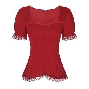 Allegra K Victorian Shirt for Women's Sweetheart Neck Puff Short Sleeve Lace Up Gothic Blouse Burgundy XS
