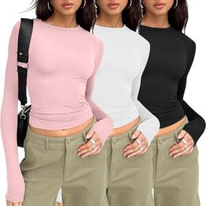 Asiyan Pack Of 3 Slim Fit Tops, Casual Round Neck Long Sleeve Shirt, Women's Basic T-shirt, Crop Top, Tee Shirt, Women's Long Sleeve Shirt, Round Neck Cropped Tee, Women's Casual Shirts Womens Casual ( Color