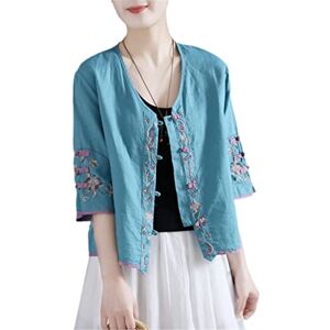 Hinewsa Retro Embroidered Button Cotton Shirt Women 'S Summer Chinese Style Loose Short V-Neck Blouse Tops Blue