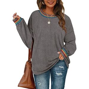 Aokosor Jumpers for Women Fuzzy Sweater Ladies Crewneck Tops Rainbow Striped Sweatshirt Grey Size 18-20