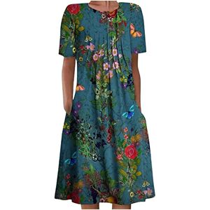 AMhomely Womens Summer Dress Short Sleeve Round Neck Midi Dress Pleated Swing Dress Floral Print Boho Dress Holiday Beach Sundress Skater Dress T Shirt Dress, 10, Z82 Navy