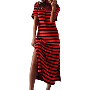 Generic Women Summer Loose Fitting T-Shirt Beach Sun Dress Casual Short Sleeve Striped High Waist Side Slit Maxi Dresses(Red,X-Large)