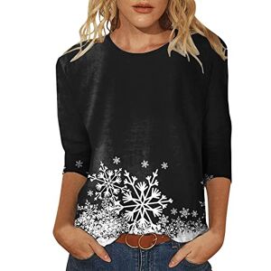 Dantazz Womens Daily Christmas Snowflakes Print O Neck Tops Three Quarter Sleeve Round Neck Tee Shirt Printed Flower Loose Side Split Blouse Tunic 80s Shirt (Black #3, S)