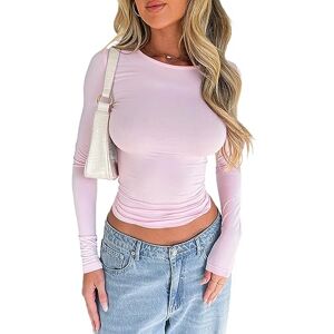 Yoisdtxc Women's Long Sleeve Slim Fit Cropped Top Casual Plain Layering Crewneck Shirt Basic Baby Shirt T Shirt Aesthetic Streetwear (B1-Pink, S)