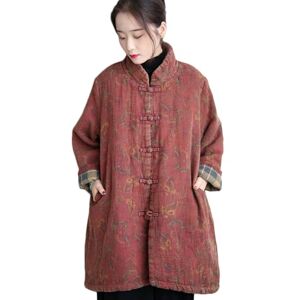 NFYM Women Cotton Padded Coats Mid-Length Long Loose Quilted Kimono Chinese Style Winter Jackets, Dark Red, One size