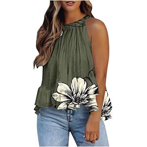 Women Casual Blouse AMhomely Women's Halter Neck Tank Tops Floral Sleeveless Shirt Pleated Casual Camisole Sweatshirt Loose T Shirt Blouses Jumper Henley Shirts Elegant for Ladies UK, Z5 Army Green, XXL