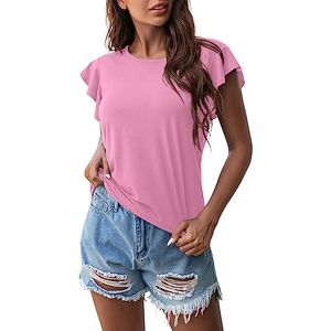 Generisch Women's Summer Fashion Plain Crew Neck Ruffle Short Sleeve T-Shirt Summer Blouse, pink, M
