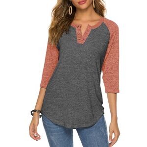 HOCOSIT Women's Raglan Round Neck Summer Tops Ladies Basic Button Henley Shirt Boyfriend Style Blouse (Pink Sleeve+Grey, XX-Large)