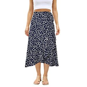 Femereina Women's Boho Floral Print Wrap Front Self Tie Knot Ruffle Hem Split Midi Skirt High Low Split Summer Beach Long Dress (Navy, L)