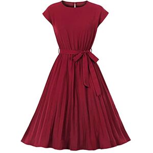 Wellwits Women's Solid Pleated A Line Knee Long Party Vintage Dress Wine L