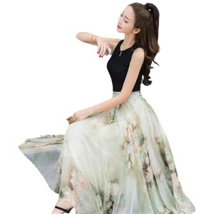 FXSMCXJ Long Skirt Style Ink Fragmented Vintage Chiffon Skirt Women Spring High Waist Mid Length Large Hem A-line Pleated Skirt-light Green-xl