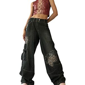 Women Y2K Low Waist Jeans Gothic Baggy Denim Flare Pants Wide Straight Leg Loose Casual Gothic Trousers Streetwear (z6, S)